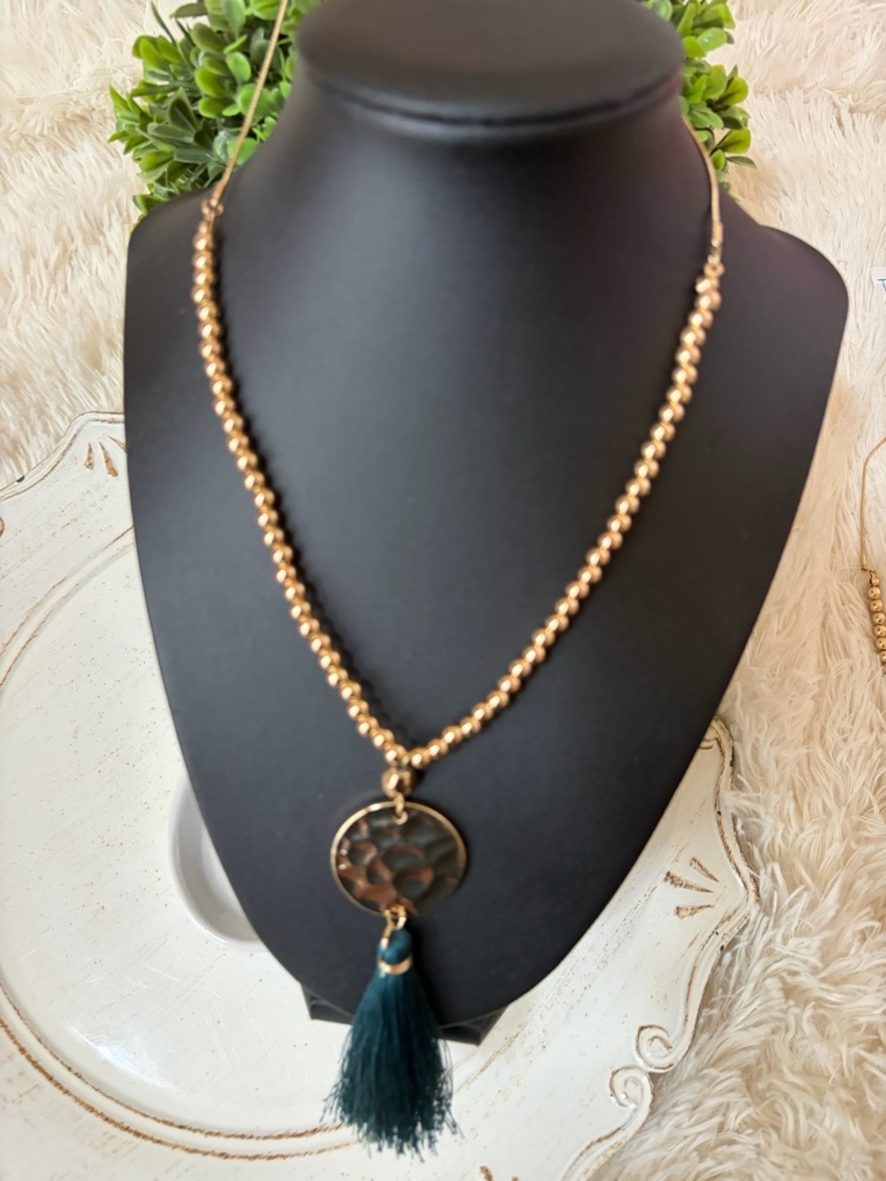 Gold Beaded Necklace with Teal Tassel Pendant